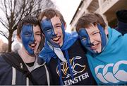 30 March 2013; Leinster supporters, from left, Ben Frey, Warren Murray and Oiseen Mar, from Portarlington, at the game. Celtic League 2012/13, Round 19, Leinster v Ulster, RDS, Ballsbridge, Dublin. Photo by Sportsfile