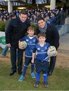 30 March 2013; Mascots Thomas Breen, left, from the Philippines, and Jamie Cox, from Rathmines, Dublin, with Leinster's Fergus McFadden and Eoin O'Malley. Celtic League 2012/13, Round 19, Leinster v Ulster, RDS, Ballsbridge, Dublin. Picture credit: Brendan Moran / SPORTSFILE