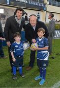 30 March 2013; Mascots Thomas Breen, right, from the Philippines, and Jamie Cox, from Rathmines, Dublin, with former Leinster players Shane Horgan and Bernard Jackman. Celtic League 2012/13, Round 19, Leinster v Ulster, RDS, Ballsbridge, Dublin. Picture credit: Brendan Moran / SPORTSFILE