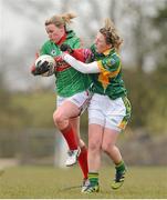31 March 2013; Fiona McHale, Mayo, in action against Jenny Rispin, Meath. TESCO HomeGrown Ladies National Football League, Division 1, Round 6, Meath v Mayo, Boardsmill, Trim, Co. Meath. Picture credit: Brendan Moran / SPORTSFILE