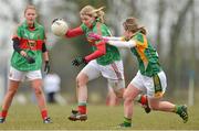 31 March 2013; Cora Staunton, Mayo, in action against Jenny Rispin, Meath. TESCO HomeGrown Ladies National Football League, Division 1, Round 6, Meath v Mayo, Boardsmill, Trim, Co. Meath. Picture credit: Brendan Moran / SPORTSFILE