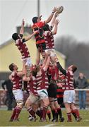 31 March 2013; Ivor Deverell, Tullamore, wins possession for his side in a lineout ahead of Rob Porter and John Handbridge, Tullow. Provincial Towns Cup, Semi-Final, Tullow v Tullamore, Athy RFC, Athy, Co. Kildare. Picture credit: Matt Browne / SPORTSFILE