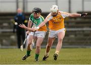 31 March 2013; Odhran Kealey, Offaly, in action against Aaron Graffin, Antrim. Allianz Hurling League, Division 1B, Antrim v Offaly, Casement Park, Belfast, Co. Antrim. Photo by Sportsfile