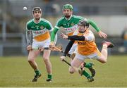 31 March 2013; Tony McCloskey, Antrim, in action against Rory Hanniffy, left, and Ciaran Slevin, Offaly. Allianz Hurling League, Division 1B, Antrim v Offaly, Casement Park, Belfast, Co. Antrim. Photo by Sportsfile