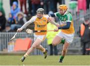 31 March 2013; Eddie McCloskey, Antrim, in action against Colin Egan, Offaly. Allianz Hurling League, Division 1B, Antrim v Offaly, Casement Park, Belfast, Co. Antrim. Photo by Sportsfile
