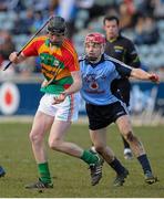31 March 2013; Diarmuid Byrne, Carlow, in action against Niall McMorrow, Dublin. Allianz Hurling League, Division 1B, Dublin v Carlow, Parnell Park, Dublin. Picture credit: Tomas Greally / SPORTSFILE