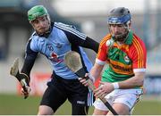 31 March 2013; Des Shaw, Carlow, in action against Ryan O' Dwyer, Dublin. Allianz Hurling League, Division 1B, Dublin v Carlow, Parnell Park, Dublin. Picture credit: Tomas Greally / SPORTSFILE