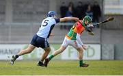 31 March 2013; Alan Corcoran, Carlow, in action against Stephen Hiney, Dublin. Allianz Hurling League, Division 1B, Dublin v Carlow, Parnell Park, Dublin. Picture credit: Tomas Greally / SPORTSFILE