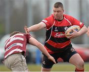31 March 2013; Adrian Hanley, Tullamore in action against Sam Corrigan, Tullow. Provincial Towns Cup, Semi-Final, Tullow v Tullamore, Athy RFC, Athy, Co. Kildare. Picture credit: Matt Browne / SPORTSFILE