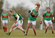 31 March 2013; Sarah Rowe, Mayo, in action against jenny Rispin, Meath. TESCO HomeGrown Ladies National Football League, Division 1, Round 6, Meath v Mayo, Boardsmill, Trim, Co. Meath. Picture credit: Brendan Moran / SPORTSFILE