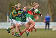 31 March 2013; Sarah Rowe, Mayo, in action against Laura Bagnall, left, and Fiona Mahon, Meath. TESCO HomeGrown Ladies National Football League, Division 1, Round 6, Meath v Mayo, Boardsmill, Trim, Co. Meath. Picture credit: Brendan Moran / SPORTSFILE