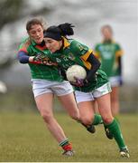 31 March 2013; Katie O'Brien, Meath, in action against Cara Cooke, Mayo. TESCO HomeGrown Ladies National Football League, Division 1, Round 6, Meath v Mayo, Boardsmill, Trim, Co. Meath. Picture credit: Brendan Moran / SPORTSFILE