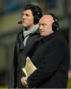30 March 2013; Former Leinster players Bernard Jackman and Shane Horgan, left, watch the match in their role as match analysts for RTÉ television. Celtic League 2012/13, Round 19, Leinster v Ulster, RDS, Ballsbridge, Dublin. Picture credit: Brendan Moran / SPORTSFILE