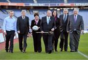 2 April 2013; The GAA is pleased to confirm its five official charities for 2013/14 as 'Fighting Blindness', 'Edmund Rice Beyond 250 Appeal', 'Our Lady's Children Hospital Crumlin - Orthopaedic Unit', 'Laois Hospice', and 'Liam's Lodge'. The Association at central level will make a monetary contribution to each of the five charities in addition to helping to raise the profile of the excellent work they are involved in. At the announcement are Uachtarán Chumann Lúthchleas Gael Liam Ó Néill, centre, and Ard Stiúrthóir of the GAA Páraic Duffy, second from left, with charity representatives, from left, Peter Ryan, Fighting Blindness, Geraldine Regan, Director of Nursing, Our Lady's Children Hospital Crumlin, Jenni Barrett, Chief Executive, Edmund Rice Development, Michael Carey, Liam's Lodge, and Seamus O'Donoghue, Chairman, Laois Hospice. Croke Park, Dublin. Picture credit: Brian Lawless / SPORTSFILE