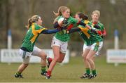 31 March 2013; Sarah Rowe, Mayo, in action against Laura Bagnall, left, and Fiona Mahon, Meath. TESCO HomeGrown Ladies National Football League, Division 1, Round 6, Meath v Mayo, Boardsmill, Trim, Co. Meath. Picture credit: Brendan Moran / SPORTSFILE