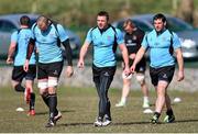 2 April 2013; Ulster's Tommy Bowe, centre, Dan Tuohy, left, and Richard Lutton arrive for squad training ahead of their Heineken Cup quarter-final against Saracens on Saturday. Ulster Rugby Squad Training, Lough Erne Hotel & Resort, Enniskillen, Co. Fermanagh. Picture credit: John Dickson / SPORTSFILE