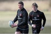 2 April 2013; Ulster's Johann Muller, left, and Andrew Trimble during squad training ahead of their Heineken Cup quarter-final against Saracens on Saturday. Ulster Rugby Squad Training, Lough Erne Hotel & Resort, Enniskillen, Co. Fermanagh. Picture credit: John Dickson / SPORTSFILE