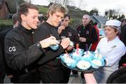2 April 2013; Ulster's Craig Gilroy, left, and Andrew Trimble have some 'Ulster Rugby' flavoured ice cream by Lilley's Centra, Enniskillen, after squad training ahead of their Heineken Cup quarter-final against Saracens on Saturday. Ulster Rugby Squad Training, Enniskillen, Co. Fermanagh. Picture credit: John Dickson / SPORTSFILE