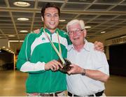 18 July 2011; Ireland's Brian Gregan, Silver Medalist in the Mens 400m, with his coach John Shields, on his arrival in Dublin Airport as the Irish Team return from the European Under 23 Championships in Ostrava. Dublin Airport, Dublin. Picture credit: Barry Cregg / SPORTSFILE