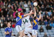 3 April 2013; Fionn Dowling, Kildare, in action against Paddy Thompson, left, and Darren Farrelly, Longford. Cadbury Leinster GAA Football Under 21 Championship Final, Longford v Kildare, O'Moore Park, Portlaoise, Co. Laois. Picture credit: Matt Browne / SPORTSFILE