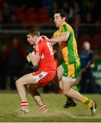 3 April 2013; Ciaran McFaul, Derry, in action against Gavin Gallagher, Donegal. Cadbury Ulster GAA Football Under 21 Championship, Semi-Final, Donegal v Derry, Healy Park, Omagh, Co. Tyrone. Picture credit: Oliver McVeigh / SPORTSFILE
