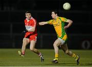 3 April 2013; Ciaran McFaul, Derry, in action against Caolan Ward, Donegal. Cadbury Ulster GAA Football Under 21 Championship, Semi-Final, Donegal v Derry, Healy Park, Omagh, Co. Tyrone. Picture credit: Oliver McVeigh / SPORTSFILE
