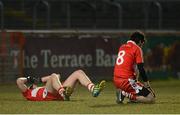 3 April 2013; A dejected Ryan Bell, left, and Kieran Conway, Derry, at the final whistle. Cadbury Ulster GAA Football Under 21 Championship, Semi-Final, Donegal v Derry, Healy Park, Omagh, Co. Tyrone. Picture credit: Oliver McVeigh / SPORTSFILE