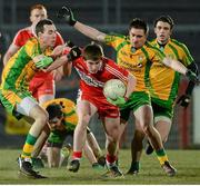 3 April 2013; Gareth McKinless, Derry, in action against Conor Parke and Caolan Ward, Donegal. Cadbury Ulster GAA Football Under 21 Championship, Semi-Final, Donegal v Derry, Healy Park, Omagh, Co. Tyrone. Picture credit: Oliver McVeigh / SPORTSFILE