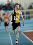 6 April 2013; Callan Byrne, Kilkenny City Harriers, on his way to winning the Boy's Under 17 4x200m Relay at the Woodie’s DIY AAI Juvenile Indoor Relay Championships. Athlone Institute of Technology Arena, Athlone, Co. Westmeath. Photo by Sportsfile