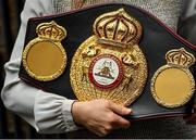 31 October 2017; A view of the WBA World Lightweight belt in the possession of champion Katie Taylor during a press conference at the Irish Film Institute, in Temple Bar, Dublin. Photo by Brendan Moran/Sportsfile