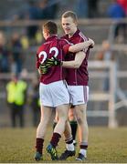 6 April 2013; Galway's Matthew Heskin, right, and Conor Rabbitte, 22, celebrate their side's victory. Cadbury Connacht GAA Football Under 21 Championship Final, Roscommon v Galway, Dr. Hyde Park, Roscommon. Picture credit: Stephen McCarthy / SPORTSFILE