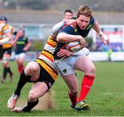 7 April 2013; Danny Barnes, Munster A, goes over for a try despite the efforts of Grant Pointer, Cornish Pirates. British & Irish Cup Quarter-Final, Cornish Pirates v Munster A, The Mennaye Field, Cornwall, England. Picture credit: Dan Mullan / SPORTSFILE