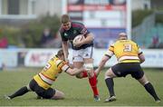 7 April 2013; Dave Foley, Munster A, is tackled by Rob Elloway, left, and Peter Joyce, Cornish Pirates. British & Irish Cup Quarter-Final, Cornish Pirates v Munster A, The Mennaye Field, Cornwall, England. Picture credit: Dan Mullan / SPORTSFILE