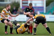 7 April 2013; Dave Foley, Munster A, is tackled by Rob Elloway, 2nd from left, and Peter Joyce, Cornish Pirates. British & Irish Cup Quarter-Final, Cornish Pirates v Munster A, The Mennaye Field, Cornwall, England. Picture credit: Dan Mullan / SPORTSFILE