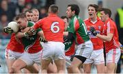 7 April 2013; Aidan O'Shea, Mayo, in action against Graham Canty, left, and Noel O'Leary, Cork. Allianz Football League, Division 1, Cork v Mayo, Pairc Ui Chaoimh, Cork. Picture credit: Diarmuid Greene / SPORTSFILE