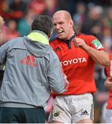 7 April 2013; Munster's Paul O'Connell celebrates with team manager Niall O'Donovan after the game. Heineken Cup Quarter-Final 2012/13, Harlequins v Munster, Twickenham Stoop, Twickenham, London, England. Picture credit: Brendan Moran / SPORTSFILE
