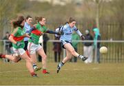7 April 2013; Siobhan Woods, Dublin, in action against Ciara McManamon, Mayo. TESCO HomeGrown Ladies National Football League, Division 2, Round 7, Dublin v Mayo, Naomh Mearnóg, Portmarnock, Co. Dublin. Picture credit: Barry Cregg / SPORTSFILE