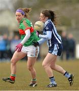 7 April 2013; Siobhan Woods, Dublin, in action against Laura McGahan, Mayo. TESCO HomeGrown Ladies National Football League, Division 2, Round 7, Dublin v Mayo, Naomh Mearnóg, Portmarnock, Co. Dublin. Picture credit: Barry Cregg / SPORTSFILE