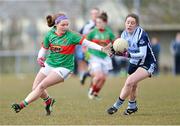 7 April 2013; Siobhan Woods, Dublin, in action against Laura McGahan, Mayo. TESCO HomeGrown Ladies National Football League, Division 2, Round 7, Dublin v Mayo, Naomh Mearnóg, Portmarnock, Co. Dublin. Picture credit: Barry Cregg / SPORTSFILE