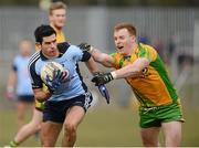 7 April 2013; Cian O'Sullivan, Dublin, in action against Eamon Doherty, Donegal. Allianz Football League, Division 1, Donegal v Dublin, Páirc MacCumhaill, Ballybofey, Co. Donegal. Picture credit: Oliver McVeigh / SPORTSFILE