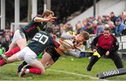 7 April 2013; Matt Evans, Cornish Pirates, is denied a try by Denis Hurley and Danny Barnes, Munster A. British & Irish Cup Quarter-Final, Cornish Pirates v Munster A, The Mennaye Field, Cornwall, England. Picture credit: Dan Mullan / SPORTSFILE