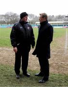 7 April 2013; Cornish Pirates head coach Ian Davies, left, and CEO Josh Lewsey in conversation after the match. British & Irish Cup Quarter-Final, Cornish Pirates v Munster A, The Mennaye Field, Cornwall, England. Picture credit: Dan Mullan / SPORTSFILE