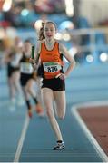 6 April 2013; Alannah Deering, Nenagh Olympic Club, Co. Tipperary, on the way to winning the Girl's Under 14's 4x200m Relay at the Woodie’s DIY AAI Juvenile Indoor Relay Championships. Athlone Institute of Technology Arena, Athlone, Co. Westmeath. Photo by Sportsfile