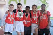 6 April 2013; Winners of the Boy's Under 12's 4x100m Relay Edenderry A.C., Co. Offally, from left, Lee Pearson, Liam Farrell, Hadib Goloba, Leon Ajibola and Junior Rahman. Woodie’s DIY AAI Juvenile Indoor Relay Championships, Athlone Institute of Technology Arena, Athlone, Co. Westmeath. Photo by Sportsfile