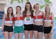 6 April 2013; Winners of the Girl's Under 18's 4x200m Relay Galway City Harriers, from left, Maeve Flanagan, Alanah Lally, Elizabeth Maher, Roisin Dobey, and Laura Ann Costello. Woodie’s DIY AAI Juvenile Indoor Relay Championships, Athlone Institute of Technology Arena, Athlone, Co. Westmeath. Photo by Sportsfile