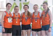 6 April 2013; Winners of the Girl's Under 16's 4x200m Relay St. Mary's A.C., Co. Limerick, from left, Kelly Devine, Maeve Power, Aoife McHenry, Aideen Lyons and Tara Coleman. Woodie’s DIY AAI Juvenile Indoor Relay Championships, Athlone Institute of Technology Arena, Athlone, Co. Westmeath. Photo by Sportsfile