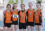 6 April 2013; Winners of the Girl's Under 14's 4x200m Relay Nenagh Olympic A.C., Co. Tipperary, from left, Sadbh O'Mahony, Alanah Deering, Lauren Moylan, Aoife Dunne and Olivia Moylan. Woodie’s DIY AAI Juvenile Indoor Relay Championships, Athlone Institute of Technology Arena, Athlone, Co. Westmeath. Photo by Sportsfile