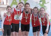 6 April 2013; Winners of the Girl's Under 12's 4x100m Relay Dooneen A.C., Co. Limerick, from left, Isobel Farrelly, Helena Dee, Aoife Rowsome, Shauna Ryan and Ellen Lynch. Woodie’s DIY AAI Juvenile Indoor Relay Championships, Athlone Institute of Technology Arena, Athlone, Co. Westmeath. Photo by Sportsfile