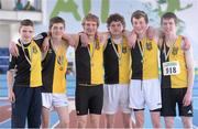 6 April 2013; Winners of the Boy's Under 17's 4x200m Relay Kilkenny City Harriers, from left, Craig Burns, Eamonn Fennelly, Aaron Barron, Aidan Tuohy, Jack Manning and Callan Byrne. Woodie’s DIY AAI Juvenile Indoor Relay Championships, Athlone Institute of Technology Arena, Athlone, Co. Westmeath. Photo by Sportsfile
