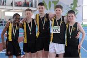 6 April 2013; Winners of the  Boy's Under 15's 4x200m Relay Dunshaughlin A.C., Co. Meath, from left, Mika Mibua, Jack Hetherington, Colin Jones, Rian Kealy and Paddy Maher. Woodie’s DIY AAI Juvenile Indoor Relay Championships, Athlone Institute of Technology Arena, Athlone, Co. Westmeath. Photo by Sportsfile